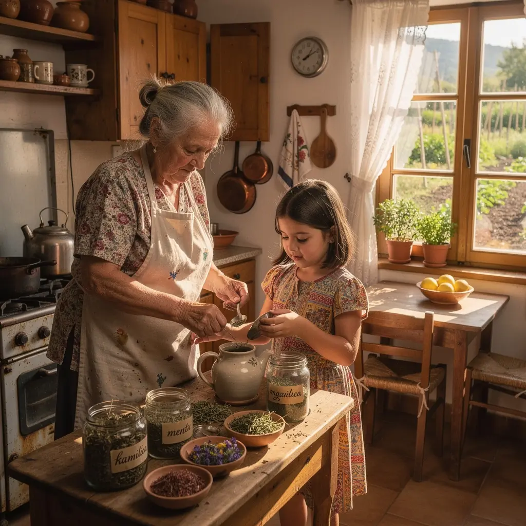 Prikaz mirne večeri uz čaj i svijeće na drvenom stolu.