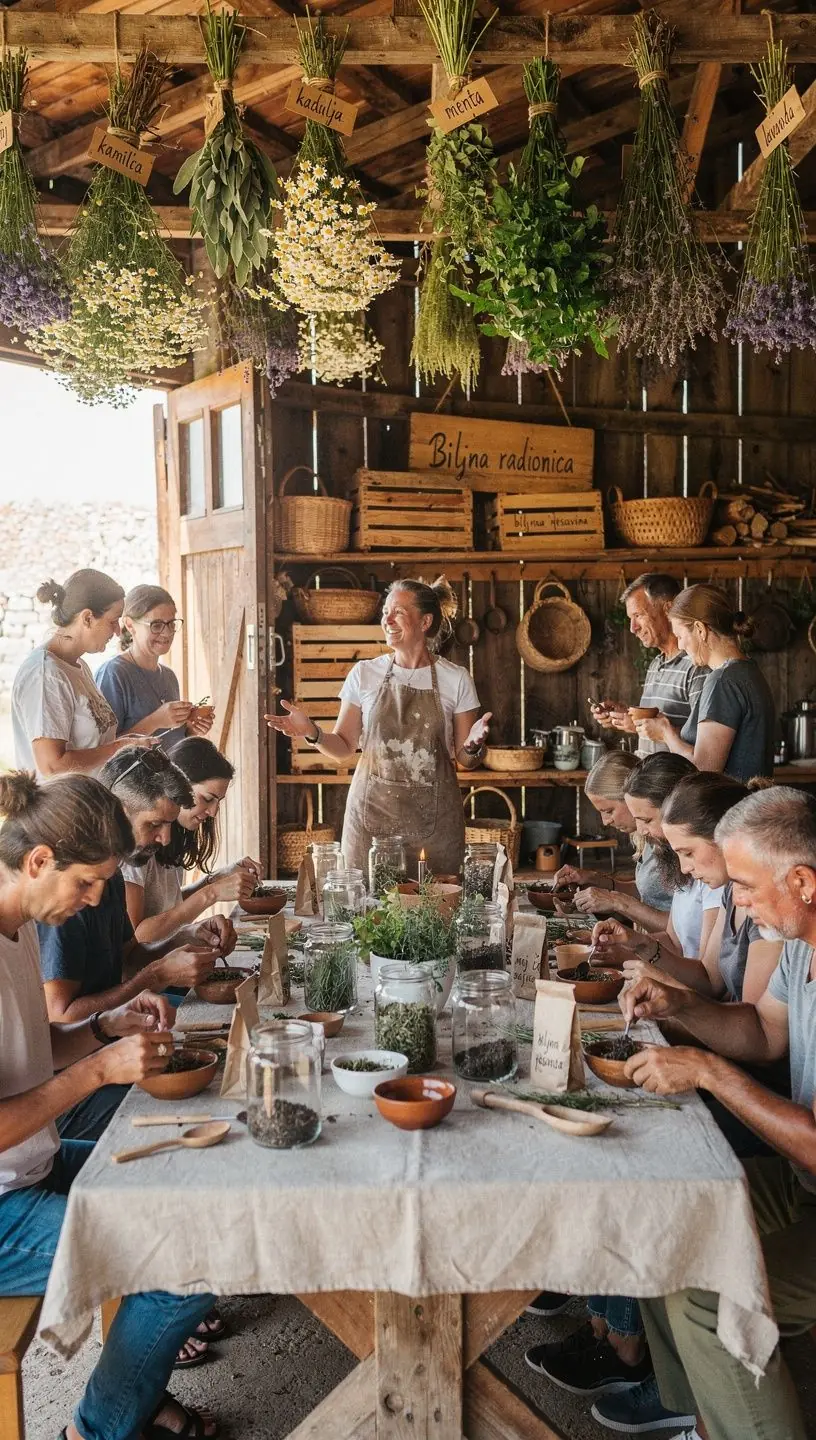 Šalica mirisnog biljnog čaja na drvenom stolu uz svježe ubrane bilje