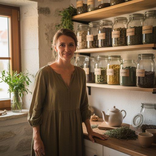 Boca prirodnog čaja od lavande na drvenom stolu s pogledom na more.